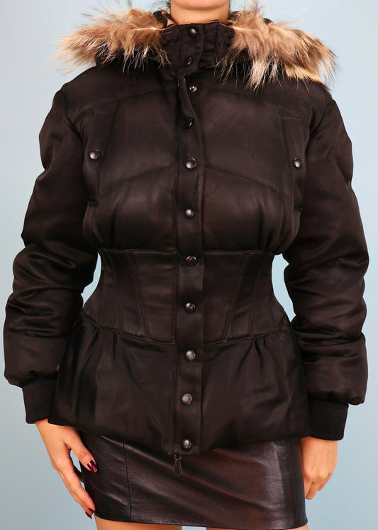Alexander McQueen Fall 2003 Black Satin Corset & Fur Hood Puffer Jacket