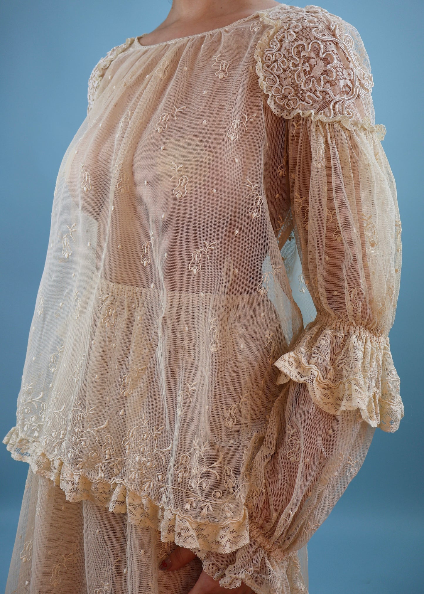 Chloé Spring 1978 Runway Cream Embroidered Lace Blouse, Tiered Skirt & Slip Dress Set