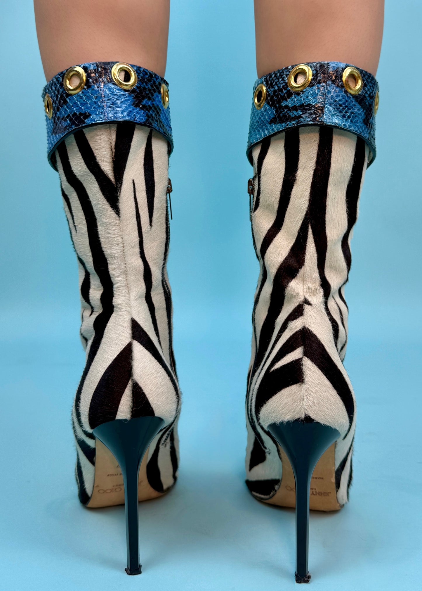 Jimmy Choo Zebra Ponyhair & Blue Snakeskin Heeled Boots