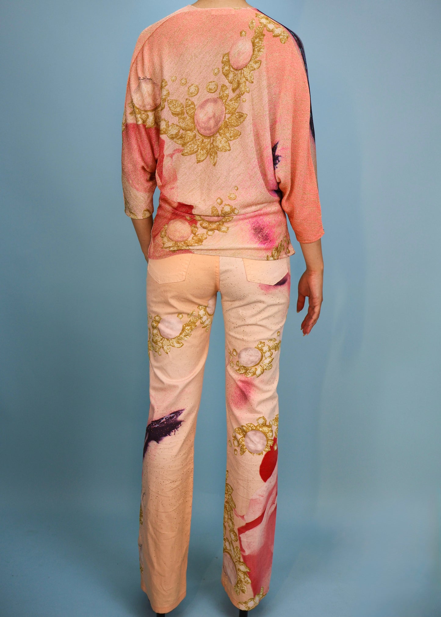 Roberto Cavalli Spring 2001 Runway Pink Face Print Cowl Knit Top & Jeans Set