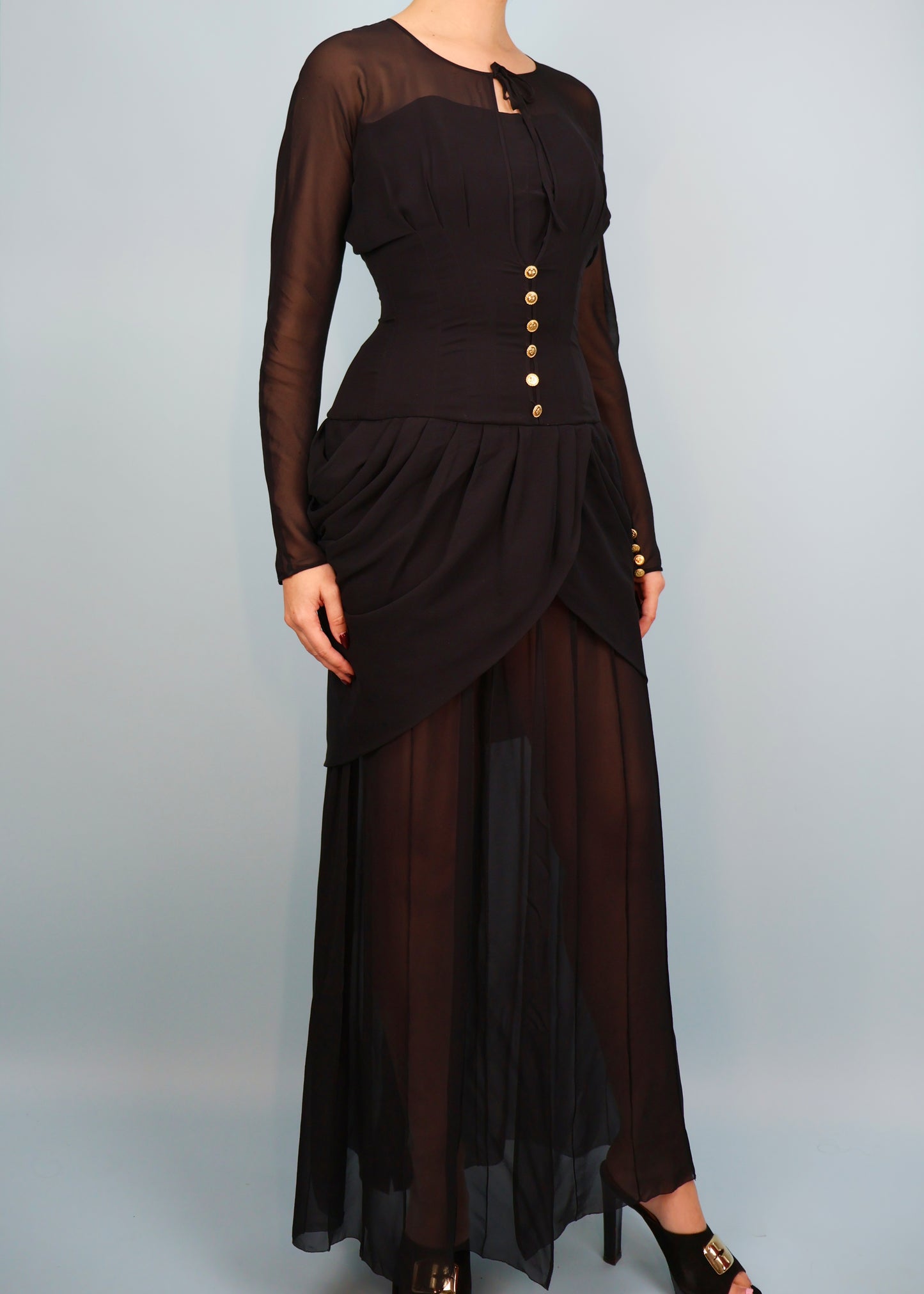 Chanel Fall 1989 Runway Black Silk Chiffon Corseted Draped Gown
