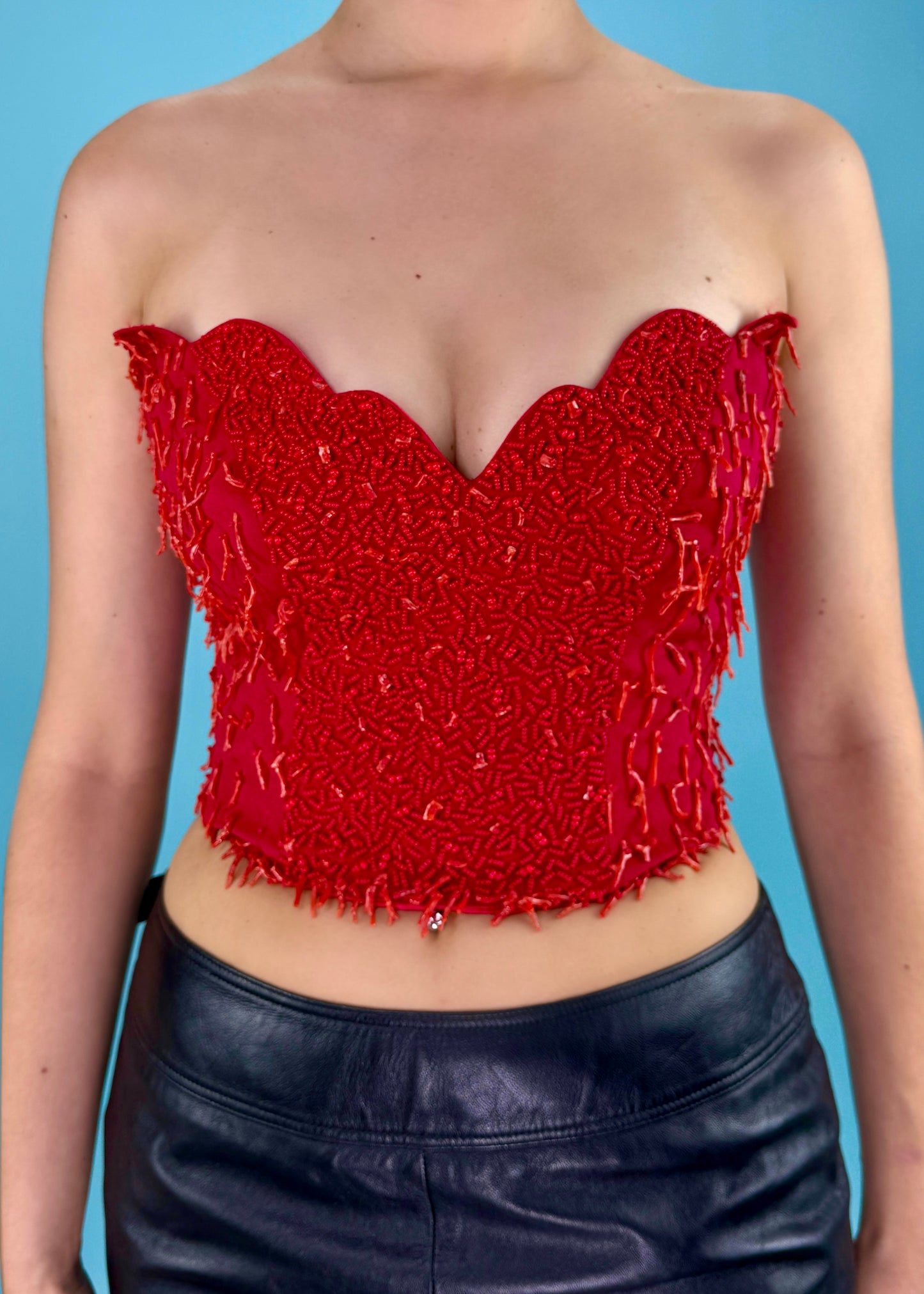 Blumarine Spring 1990 Red Coral Embellished Corset Top