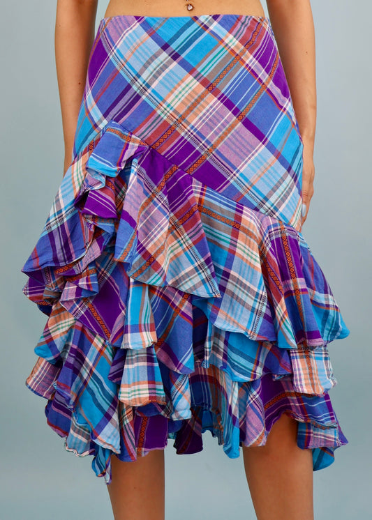 Ralph Lauren Spring 2014 Purple & Blue Plaid Tiered Ruffle Skirt
