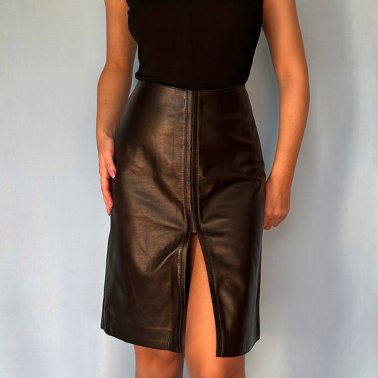 Gucci Black Leather Slit Detail Skirt