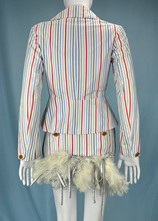 Vivienne Westwood Spring 1994 “Cafe Society” Runway Feather Bustle Striped Skirt & Jacket Suit Set