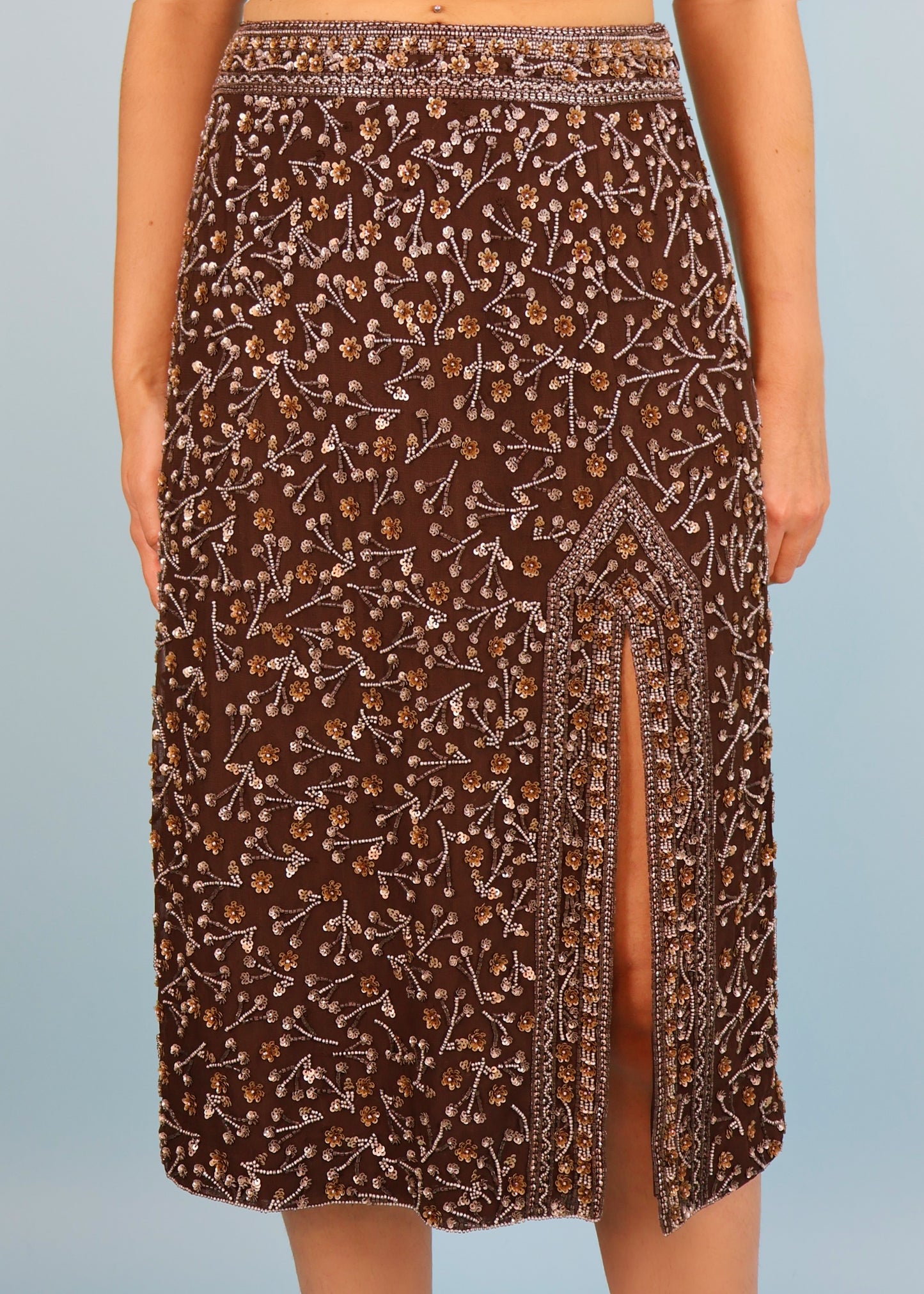 Escada Brown Floral Beaded Embellished Silk Skirt