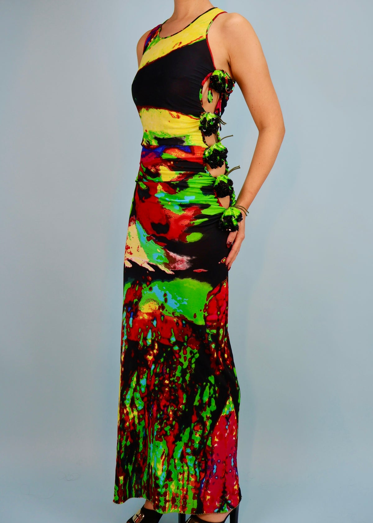 Jean Paul Gaultier Spring 2000 Runway Psychedelic Face Print & Flower Embellished Maxi Dress
