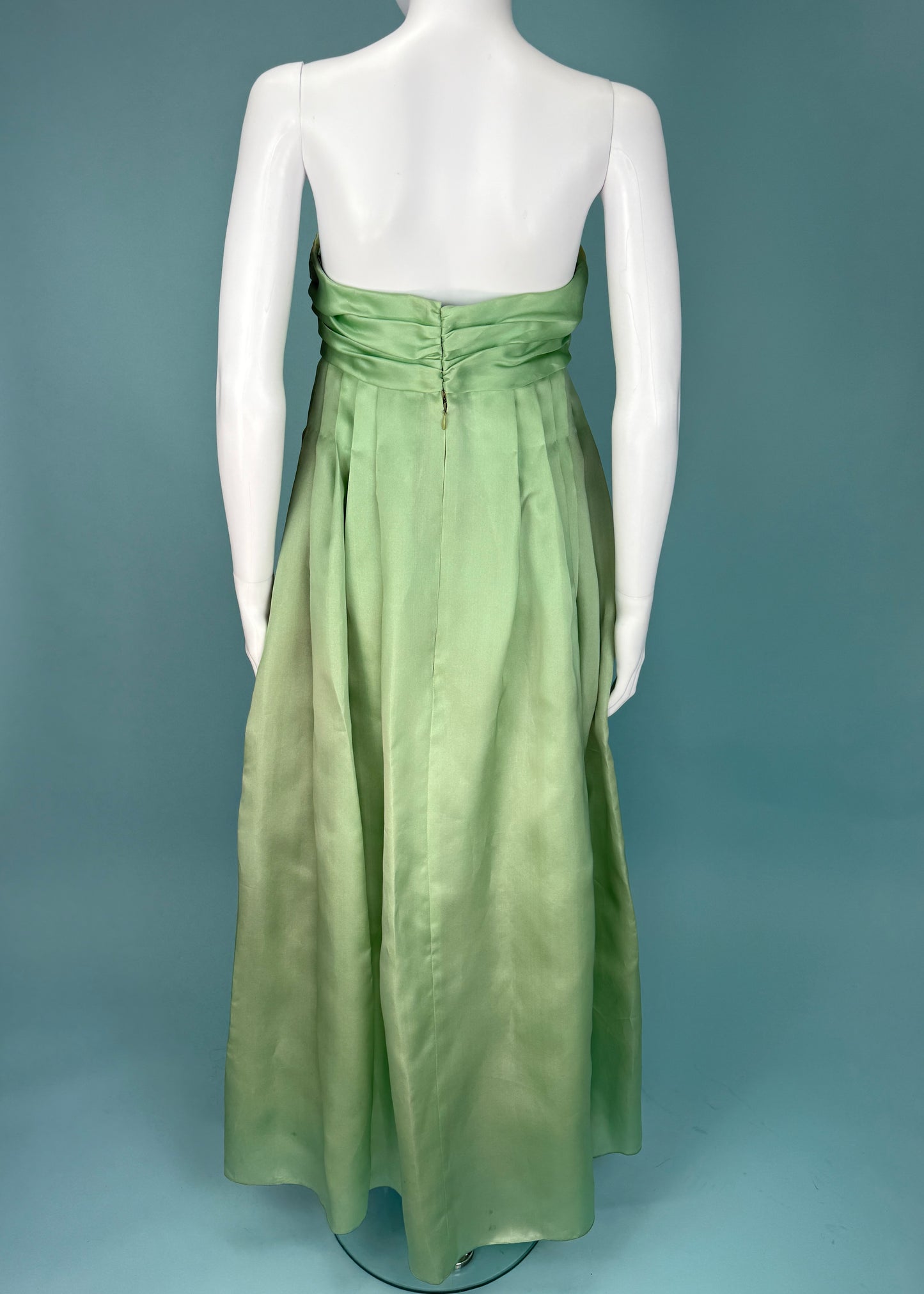 Chloé Spring 1991 Runway Green Silk Corsage Strapless Gown