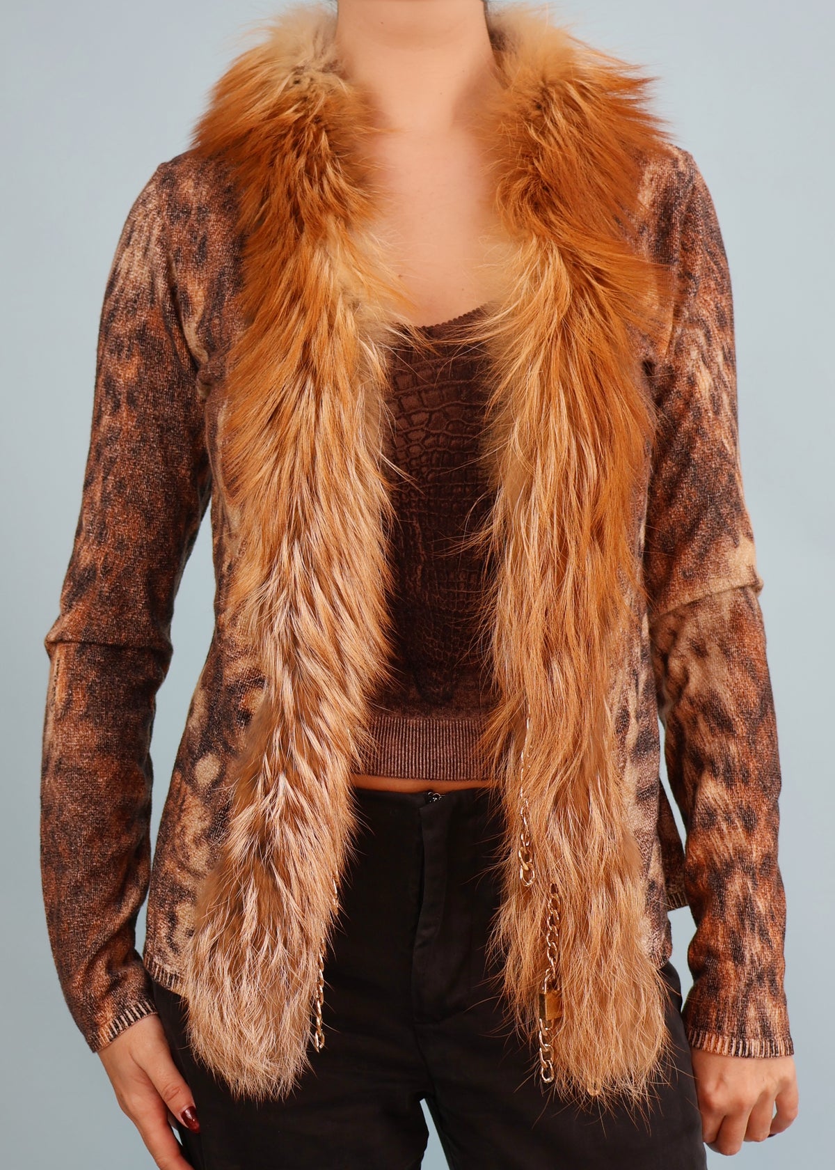 Roberto Cavalli Fall 2003 Fur Trim & Chain Detail Knit Cardigan