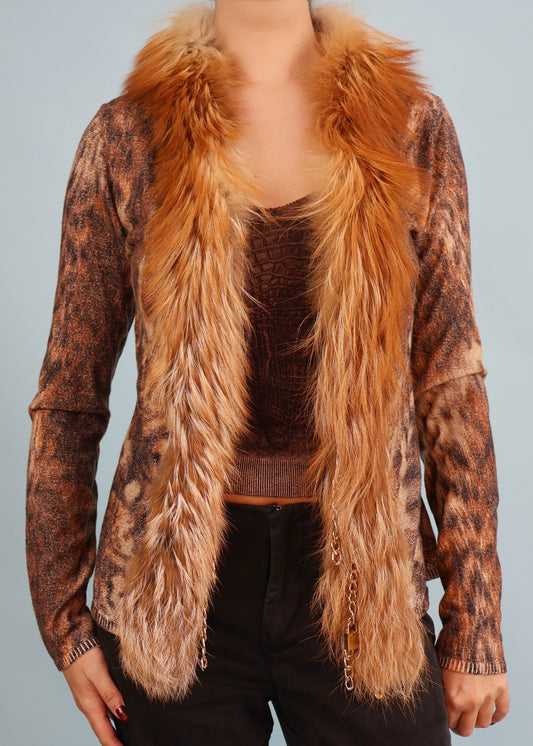 Roberto Cavalli Fall 2003 Fur Trim & Chain Detail Knit Cardigan