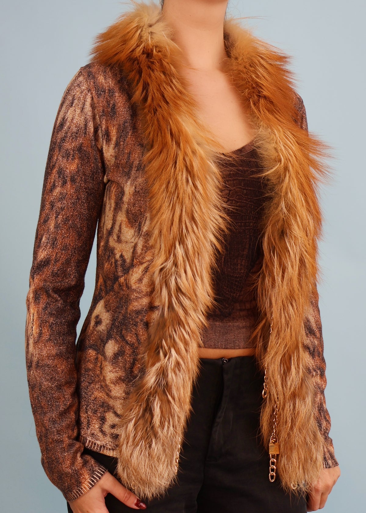 Roberto Cavalli Fall 2003 Fur Trim & Chain Detail Knit Cardigan