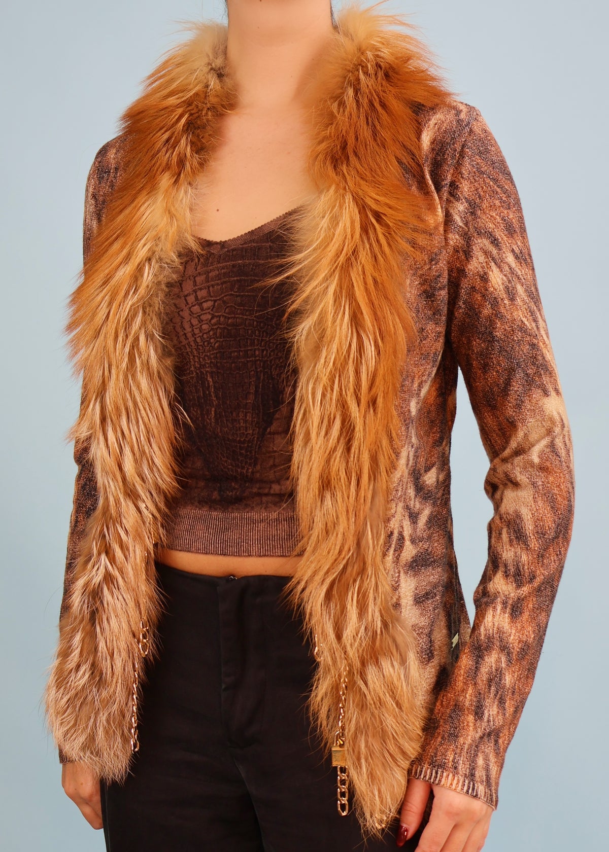 Roberto Cavalli Fall 2003 Fur Trim & Chain Detail Knit Cardigan