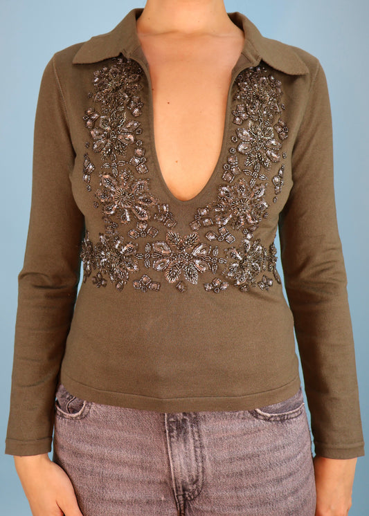 Valentino Embellished Khaki Knitted Sweater Top