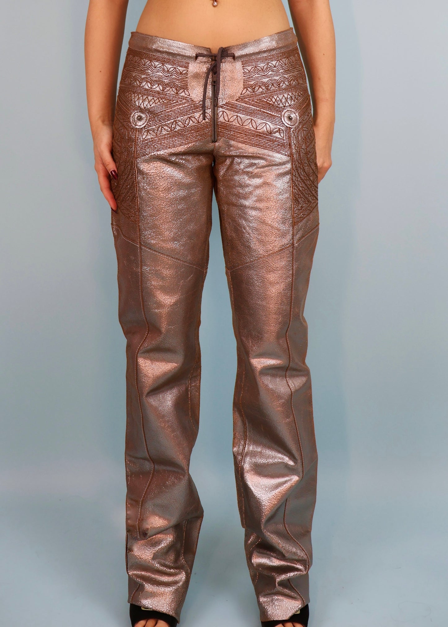 Jean Paul Gaultier Metallic Silver Leather Studded Spellout & Embroidered Pants