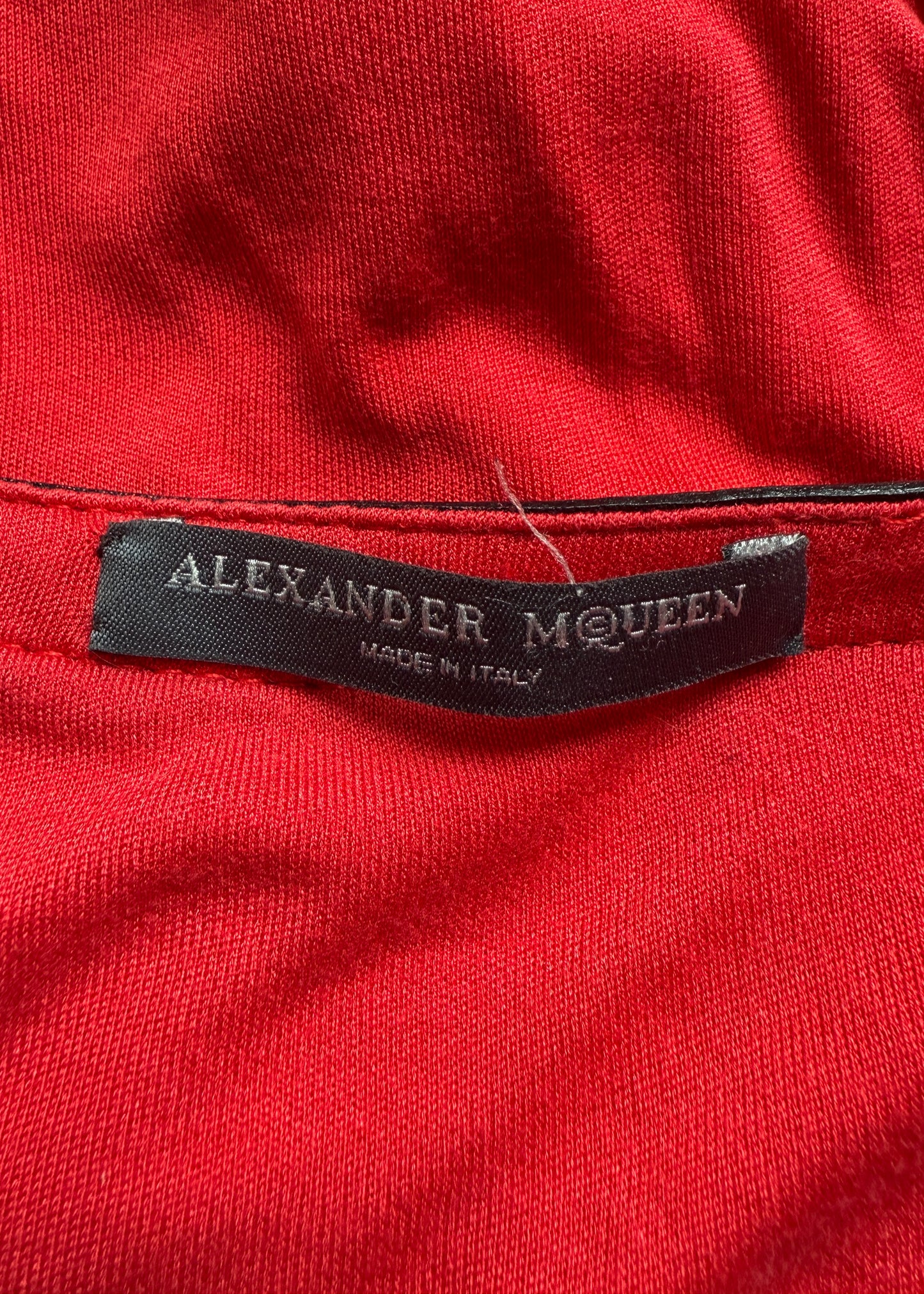 Alexander McQueen Fall 2003 Red Open Sleeve Leather Trim Top