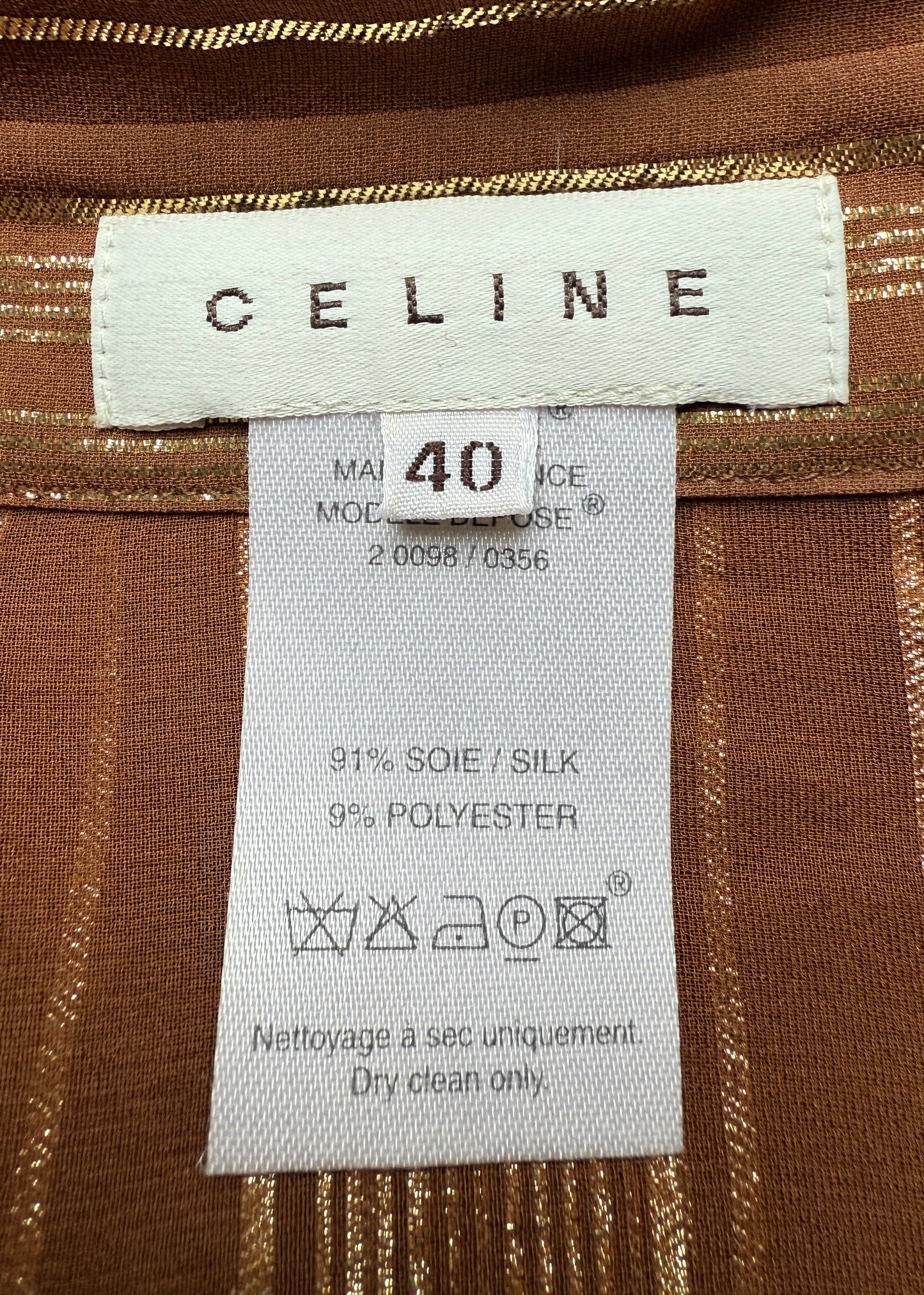 Celine Spring 2003 Brown & Metallic Gold Striped Silk Shirt