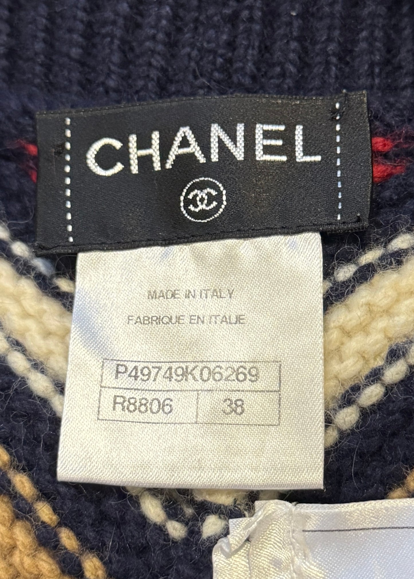 Chanel Pre-Fall 2014 Runway Navy, Red & Tan Stripe Knit Fringed Skirt