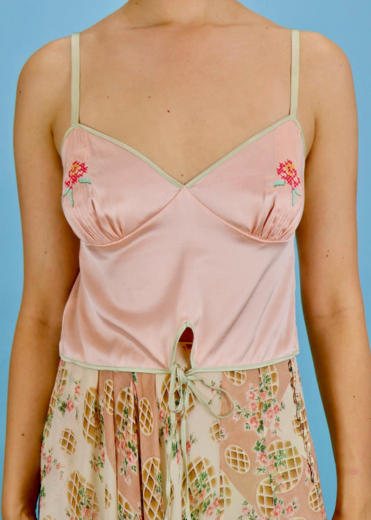 John Galliano Spring 2003 Pink Silk Satin Floral Cross Stitch Camisole Top