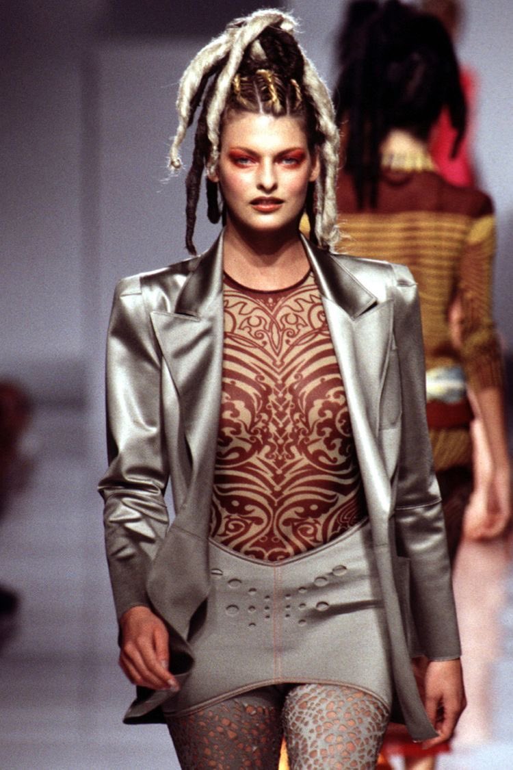 Jean Paul Gaultier Spring 1996 Tribal Print Red Mesh Dress