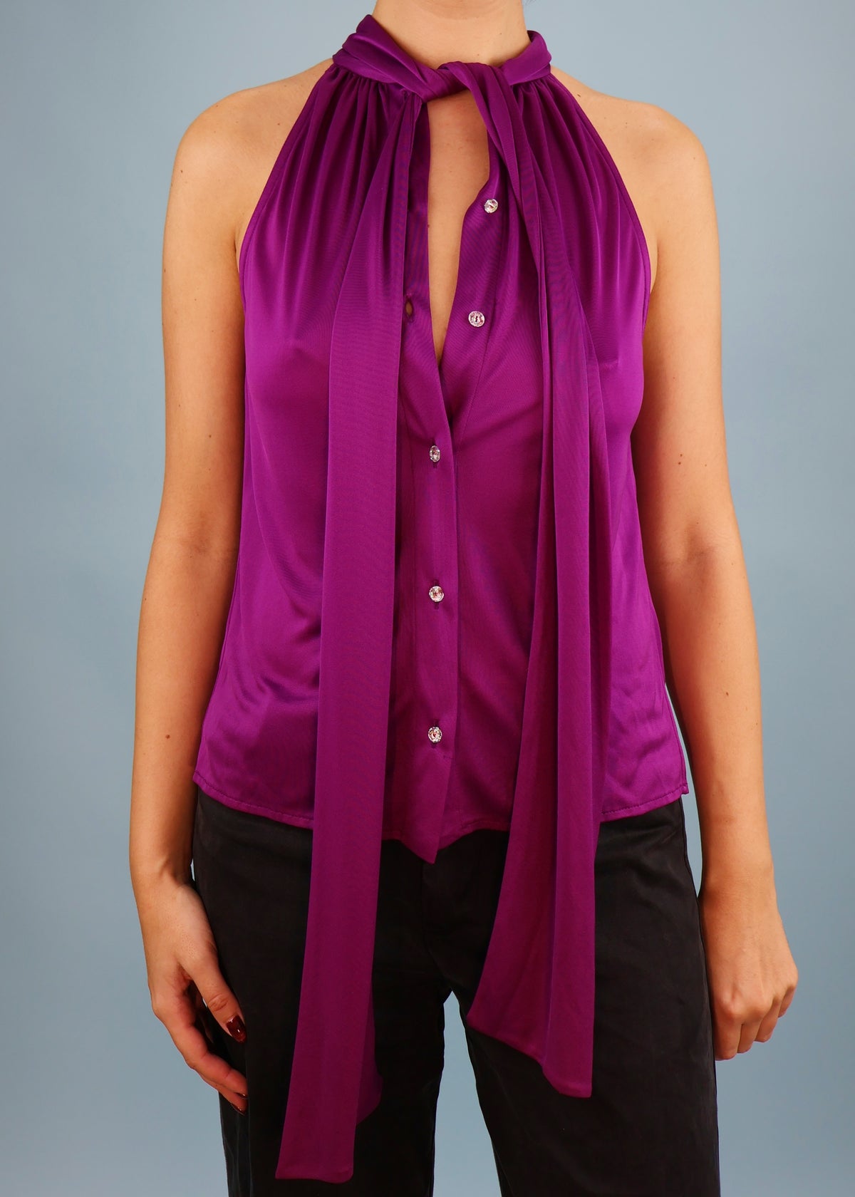Versace Spring 2000 Runway Crystal Button Purple Sleeveless Top