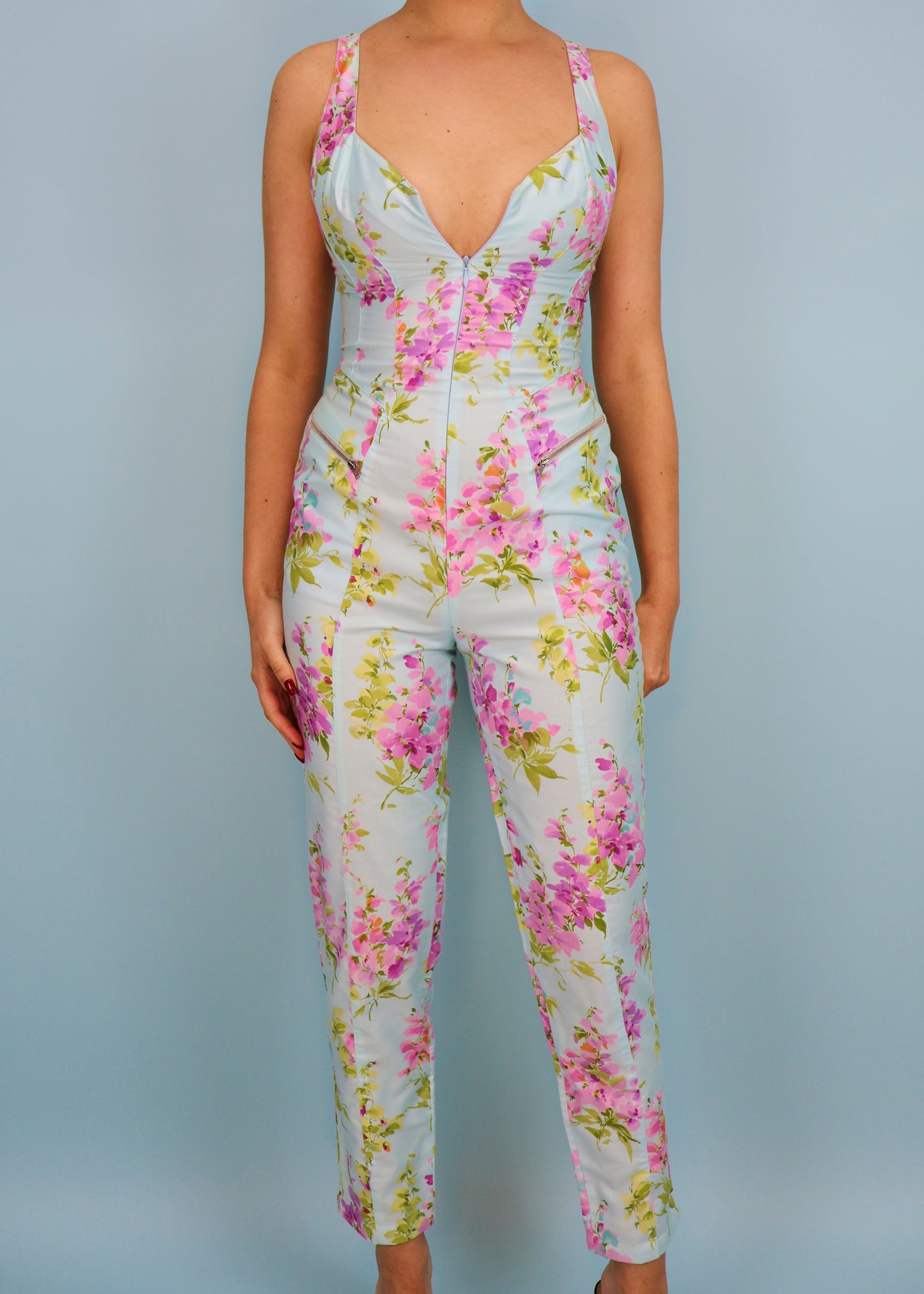 Thierry Mugler 1990s Blue Floral Zip Up Jumpsuit