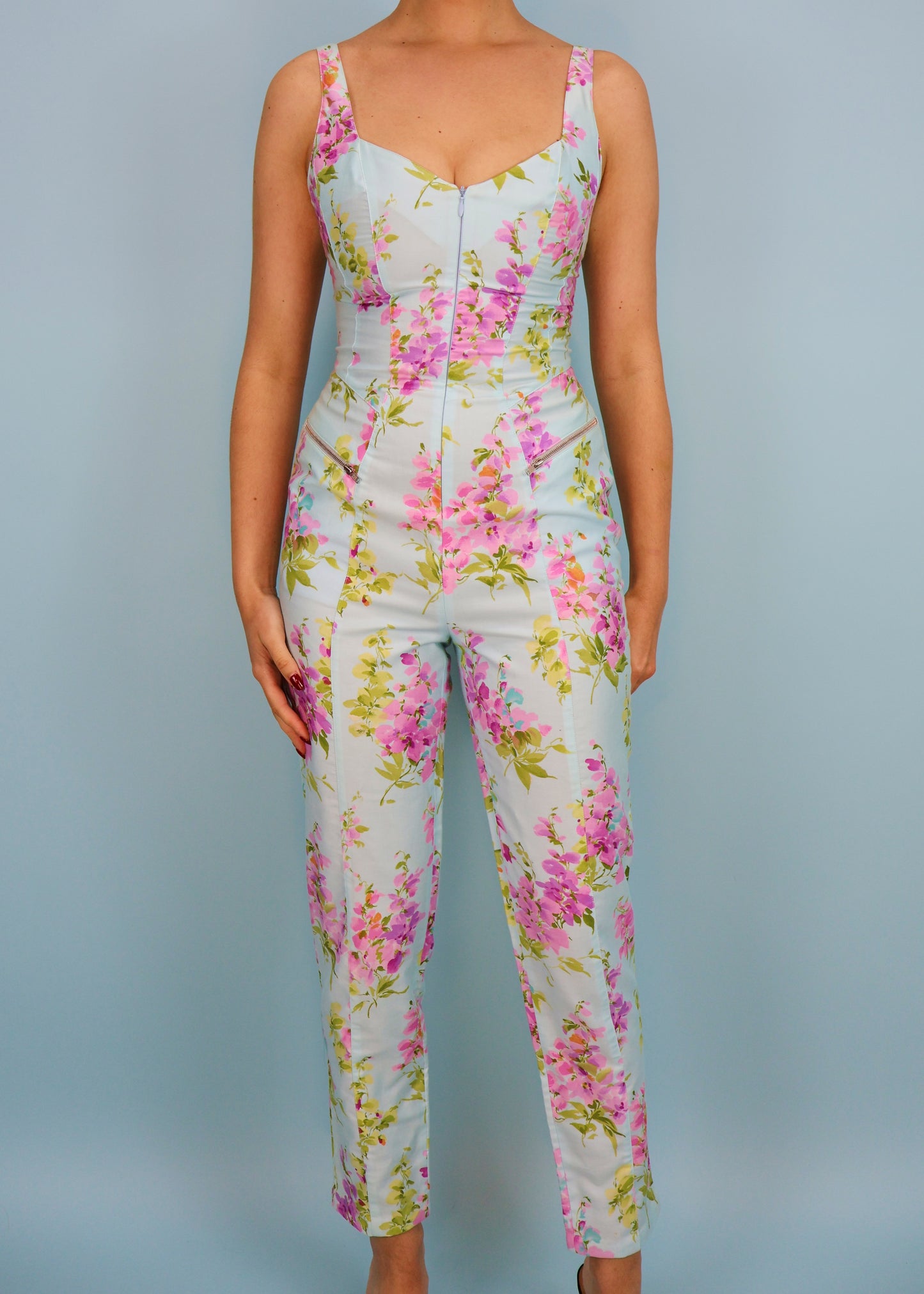 Thierry Mugler 1990s Blue Floral Zip Up Jumpsuit