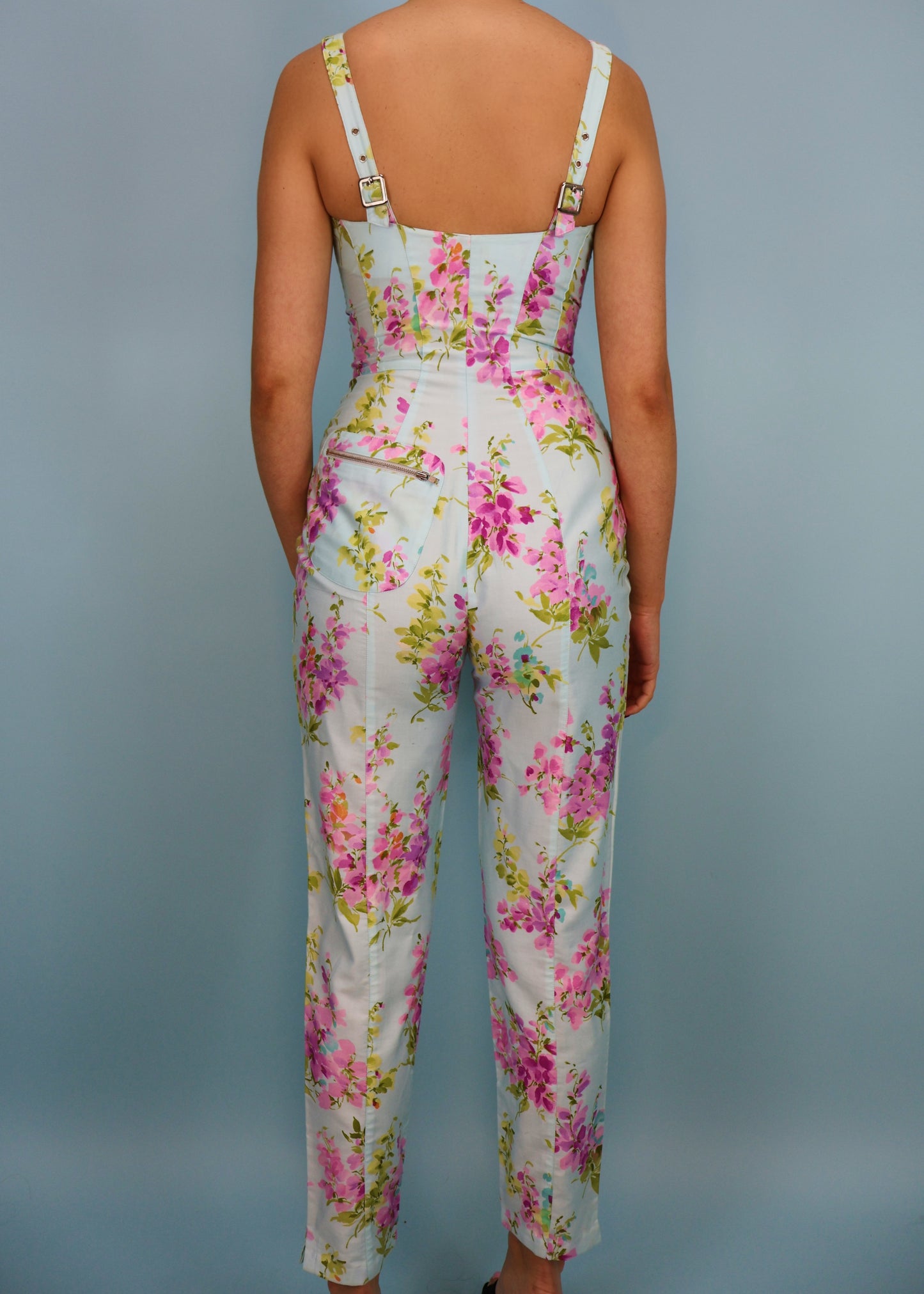 Thierry Mugler 1990s Blue Floral Zip Up Jumpsuit