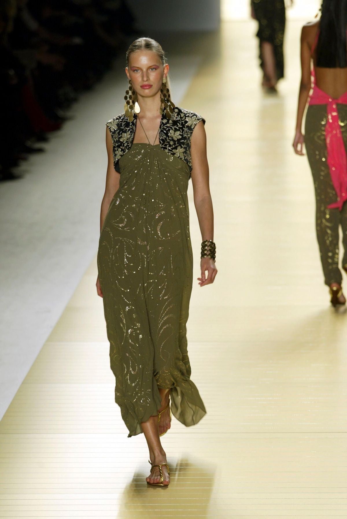 Celine Spring 2003 Runway Khaki Silk Chiffon Embellished Dress