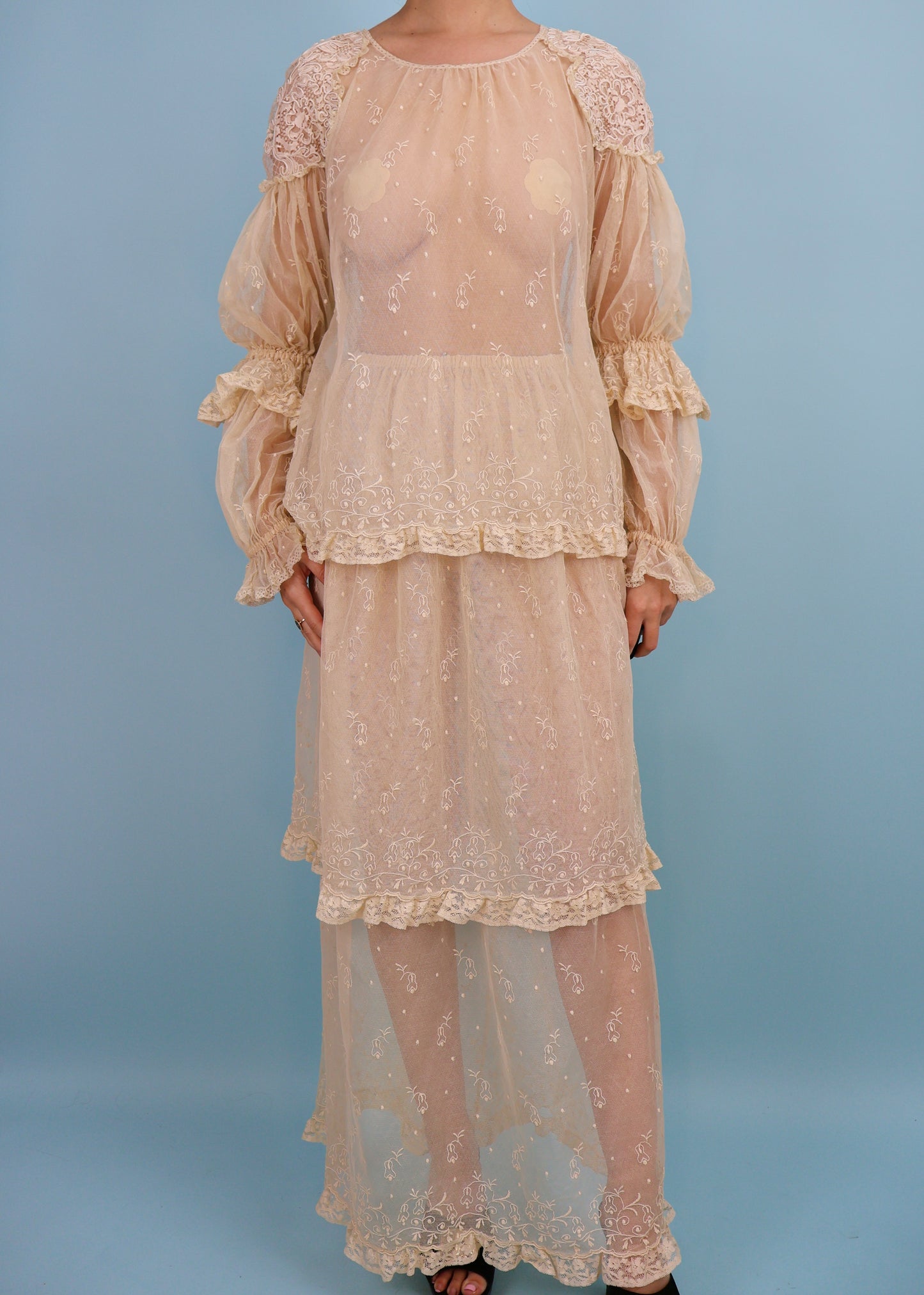 Chloé Spring 1978 Runway Cream Embroidered Lace Blouse, Tiered Skirt & Slip Dress Set