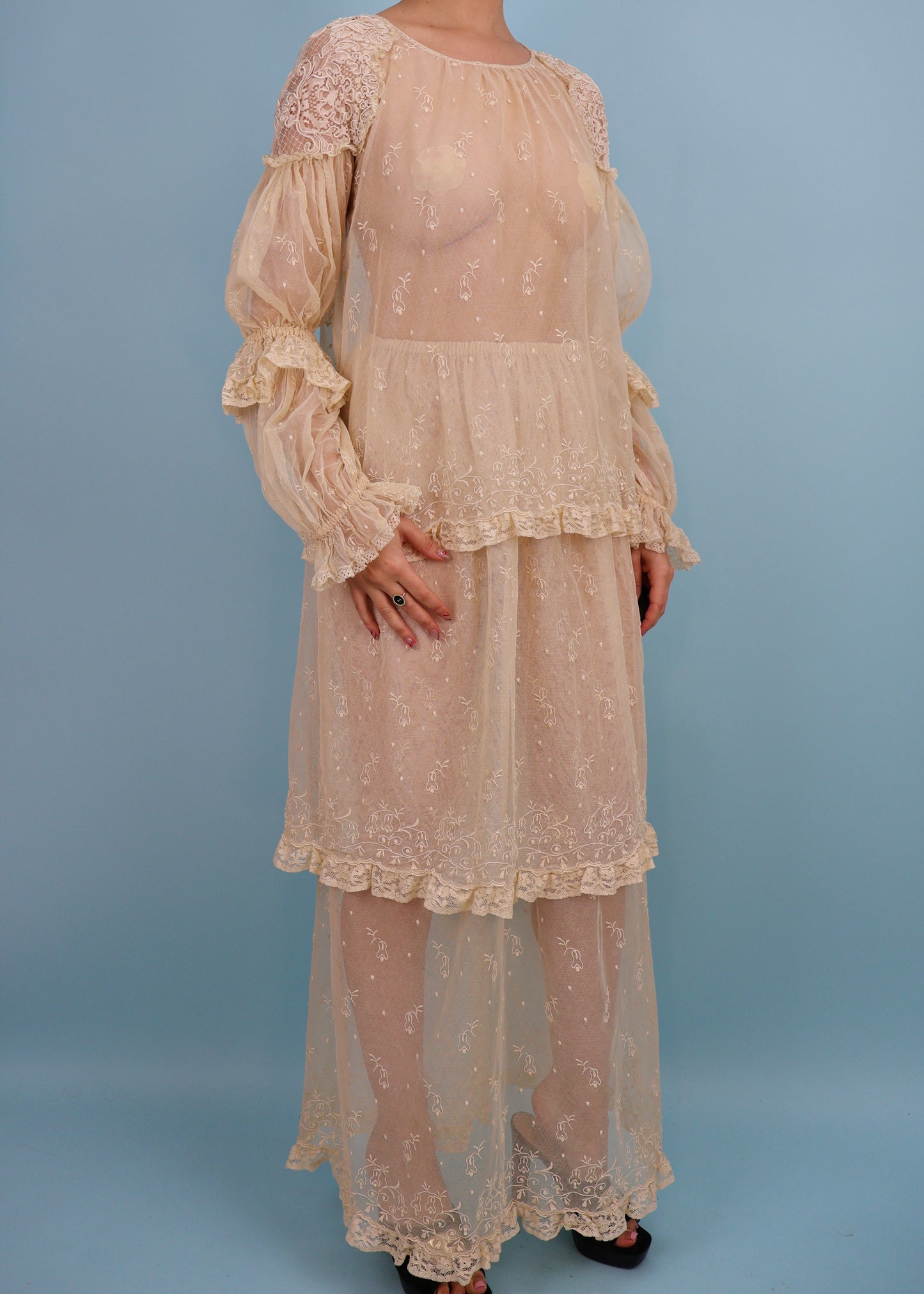 Chloé Spring 1978 Runway Cream Embroidered Lace Blouse, Tiered Skirt & Slip Dress Set