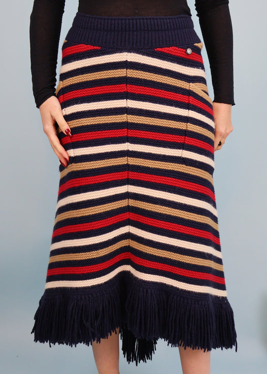 Chanel Pre-Fall 2014 Runway Navy, Red & Tan Stripe Knit Fringed Skirt