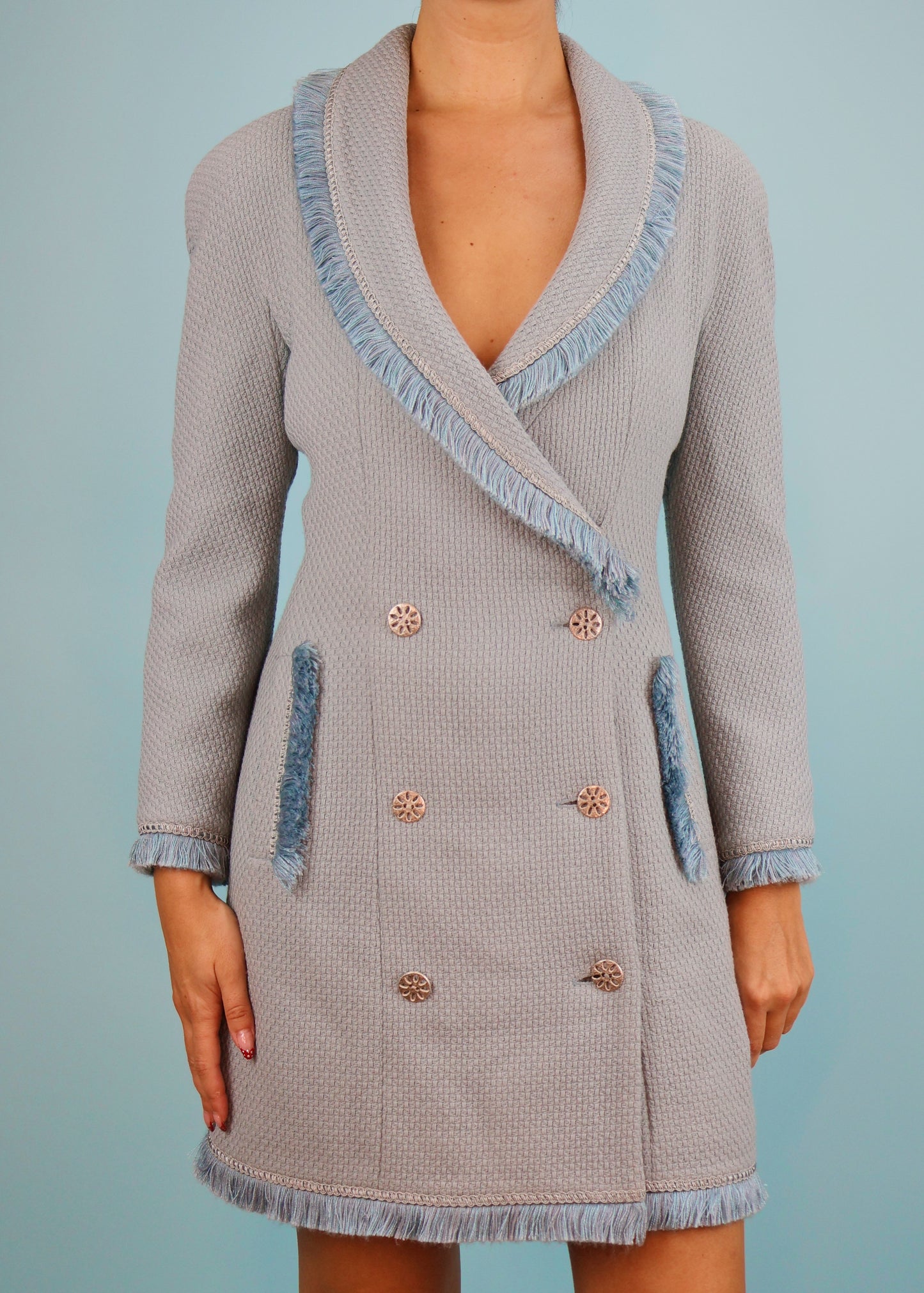 Dior Fall 1997 Runway Blue Fringe Trim Jacket Dress