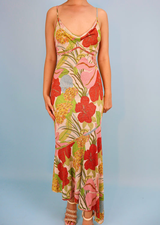 John Galliano Fall 2000 Floral Metallic Knit Asymmetric Cowl Dress