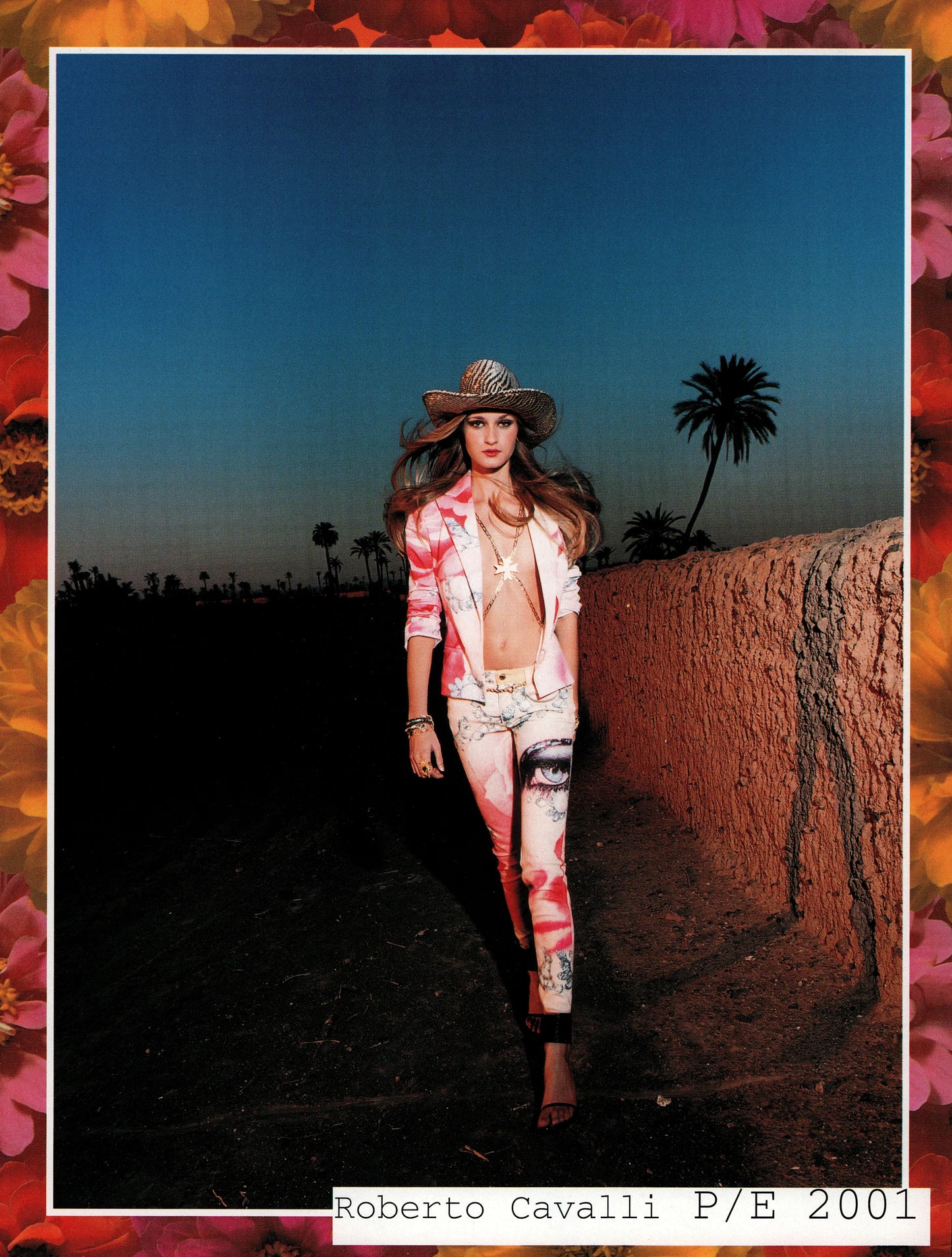 Roberto Cavalli Spring 2001 Runway Pink Face Print Cowl Knit Top & Jeans Set