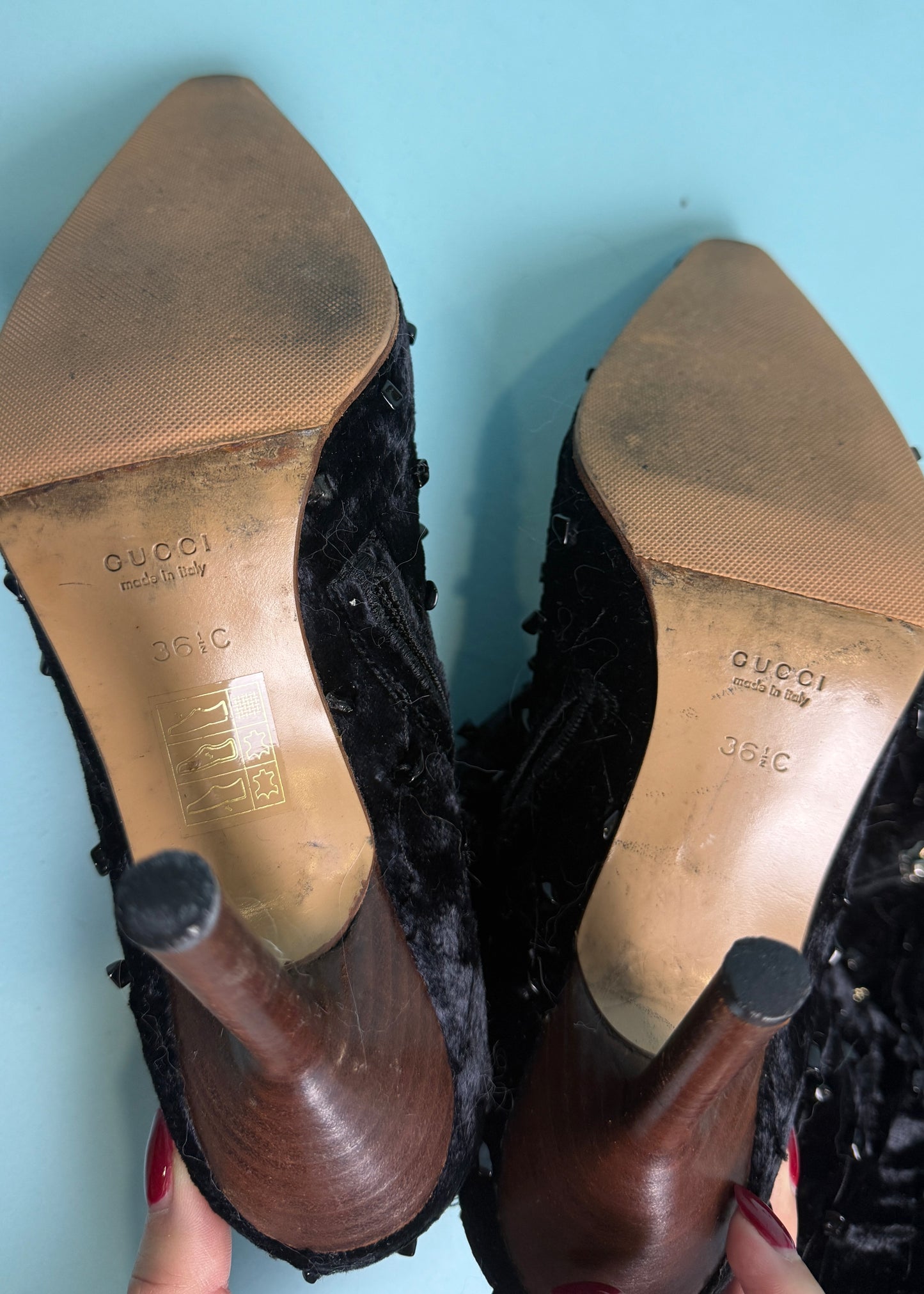 Gucci Fall 1999 Runway Black Velvet Beaded Heeled Boots