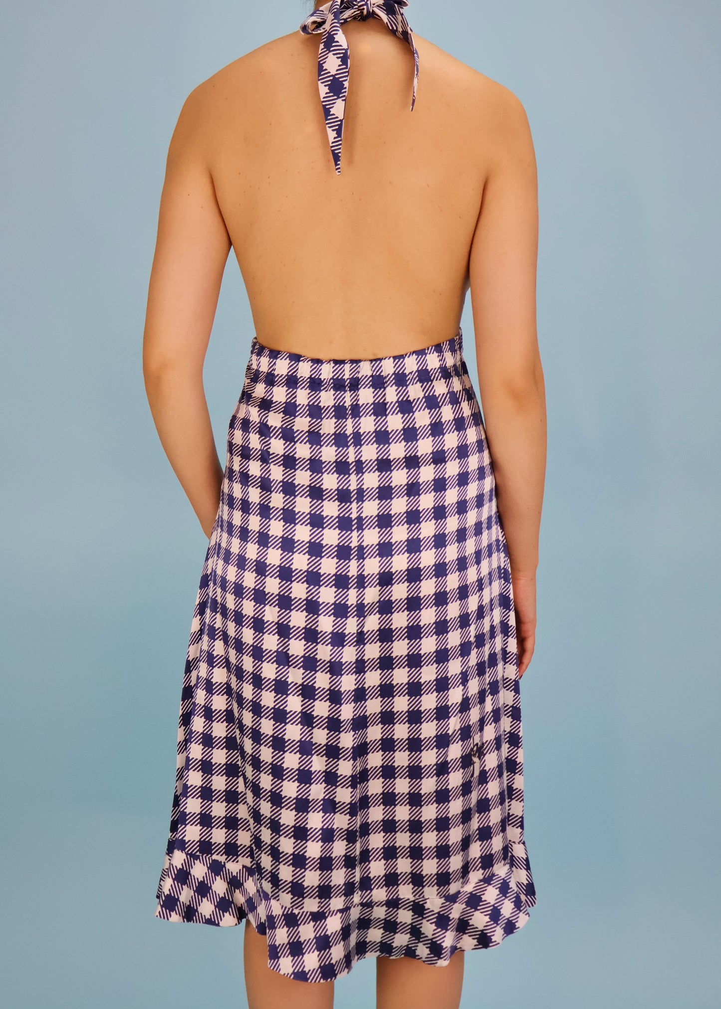 Roberto Cavalli Spring 2006 Blue & White Gingham Silk Halter Dress