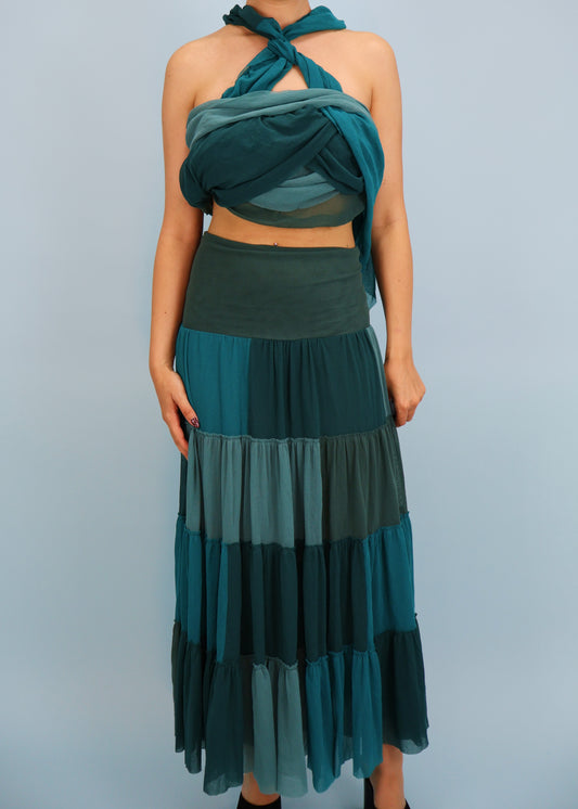 Jean Paul Gaultier Blue Mesh Tiered Maxi Skirt & Wrap Top Set