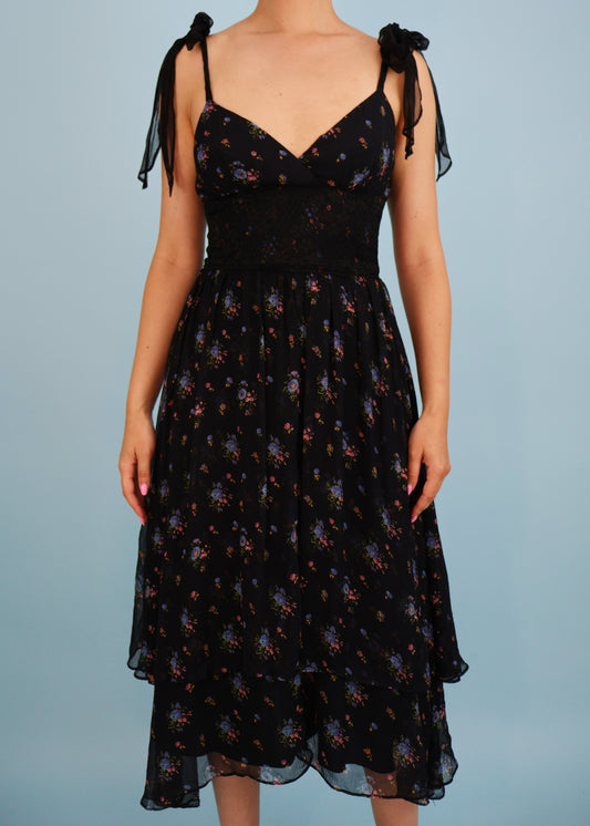 Betsey Johnson Black Floral Print Silk Chiffon & Lace Dress
