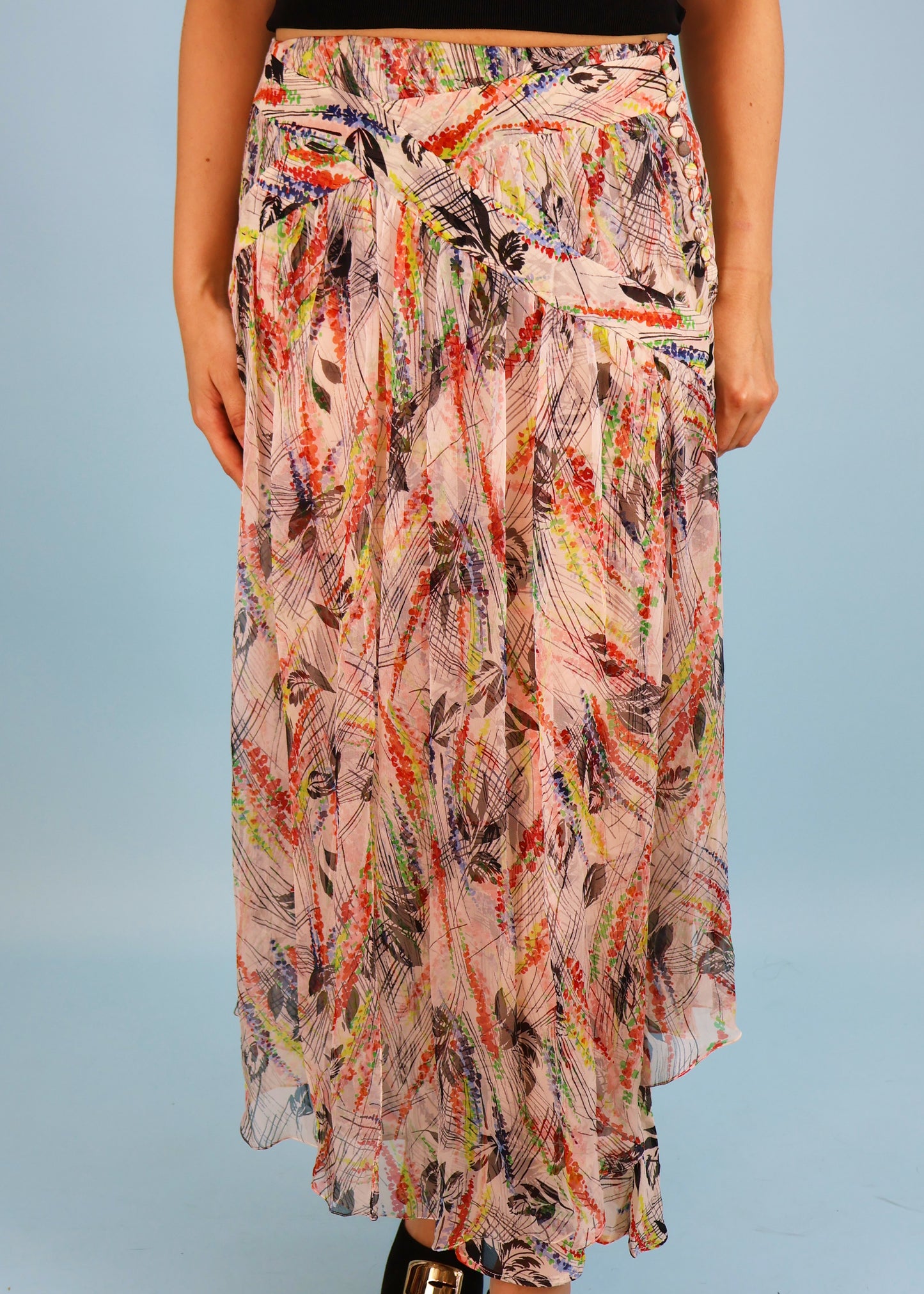 John Galliano Spring 2003 Multi Colour Abstract Floral Print Silk Chiffon Skirt