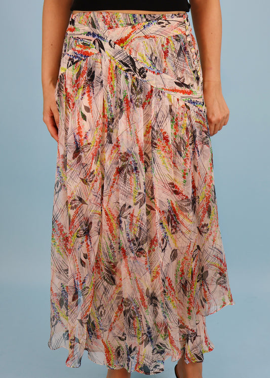 John Galliano Spring 2003 Multi Colour Abstract Floral Print Silk Chiffon Skirt