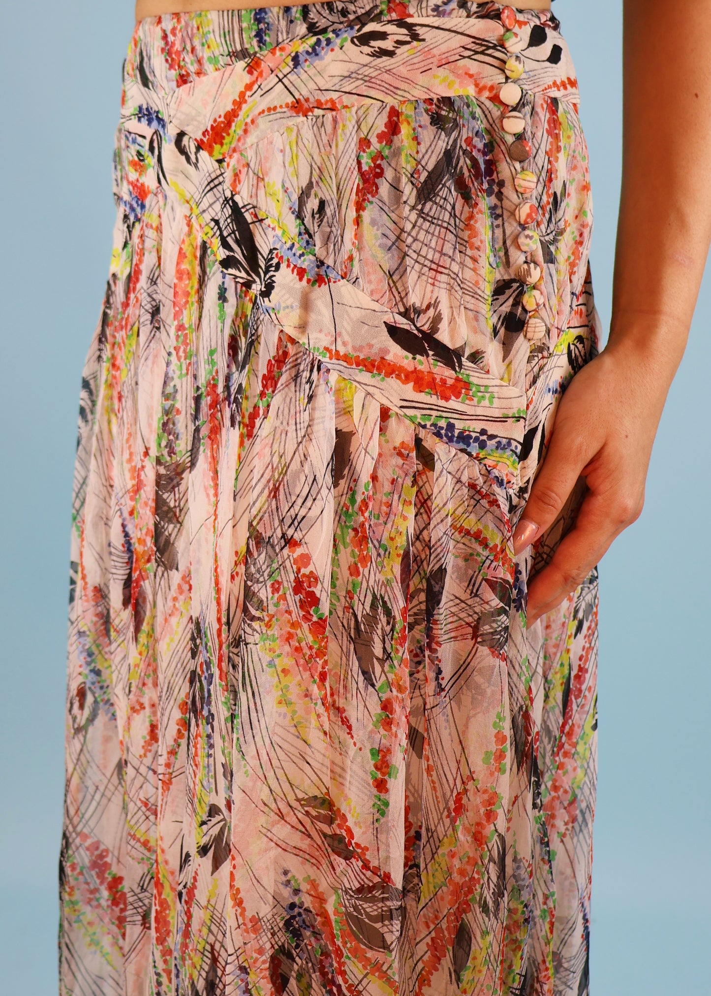 John Galliano Spring 2003 Multi Colour Abstract Floral Print Silk Chiffon Skirt
