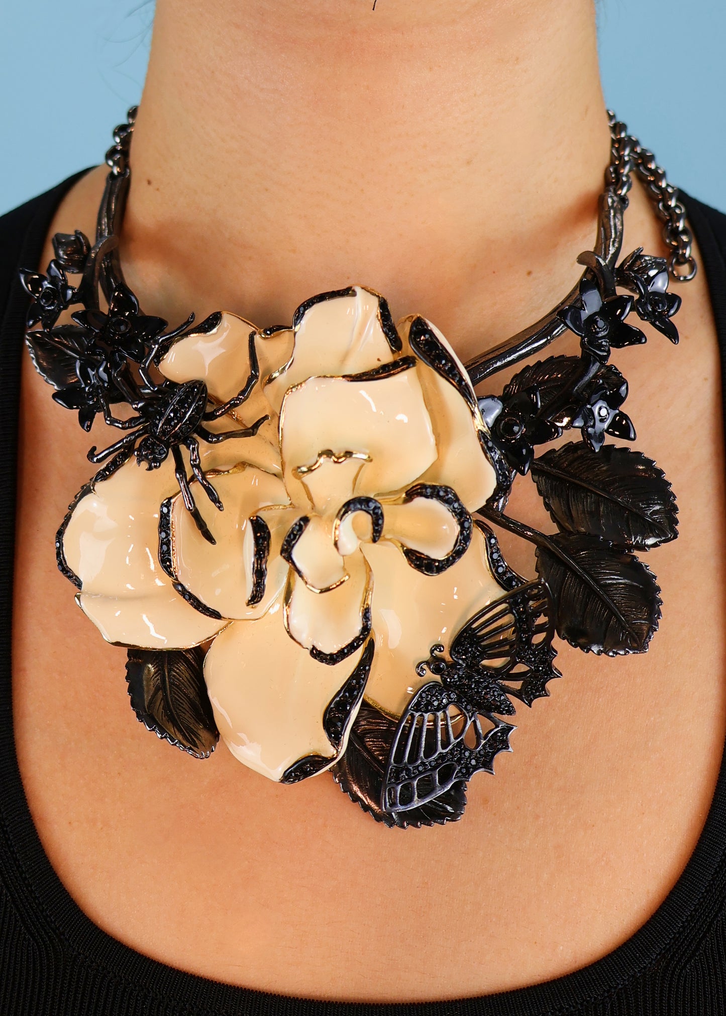 Roberto Cavalli Fall 2013 Large Enamel Flower & Insect Necklace & Ring Set