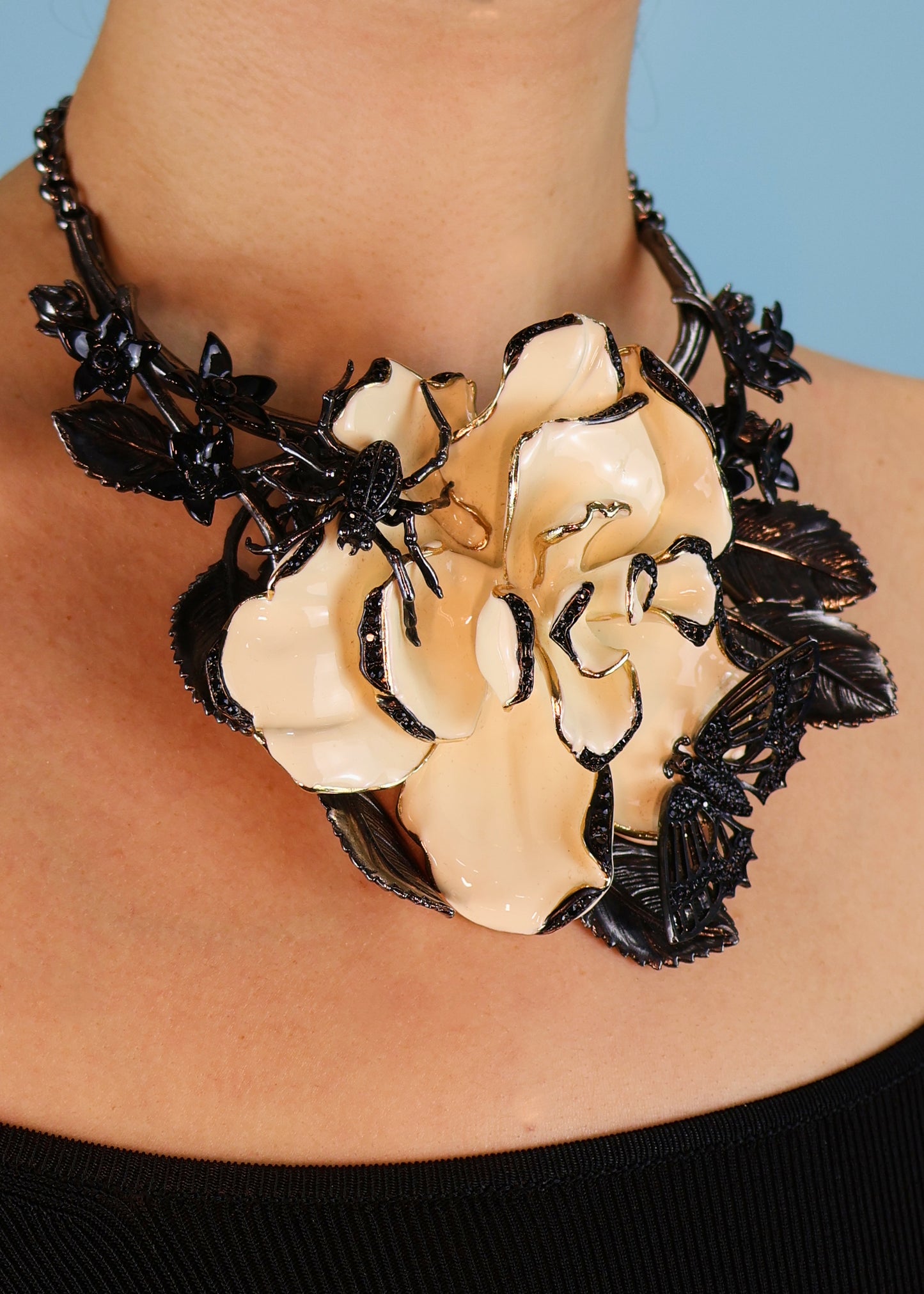 Roberto Cavalli Fall 2013 Large Enamel Flower & Insect Necklace & Ring Set