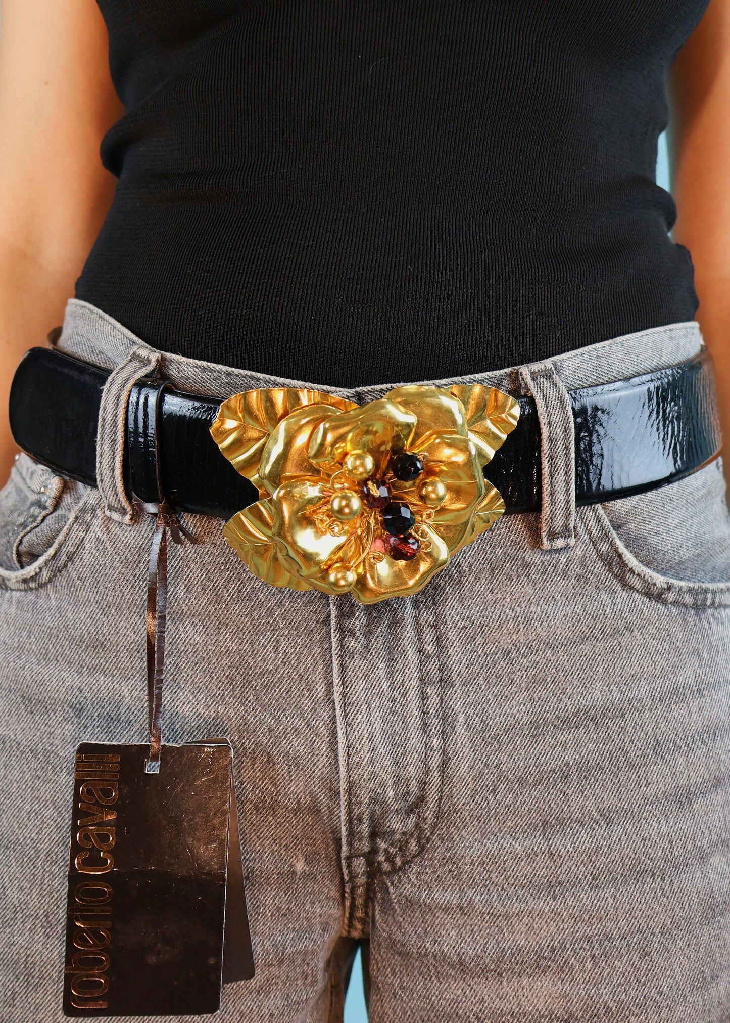 Roberto Cavalli Gold Flower Buckle Black Leather Belt