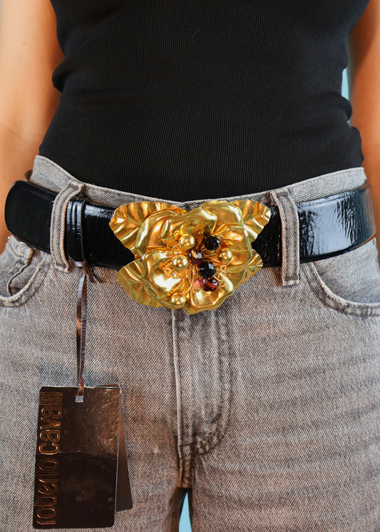 Roberto Cavalli Gold Flower Buckle Black Leather Belt