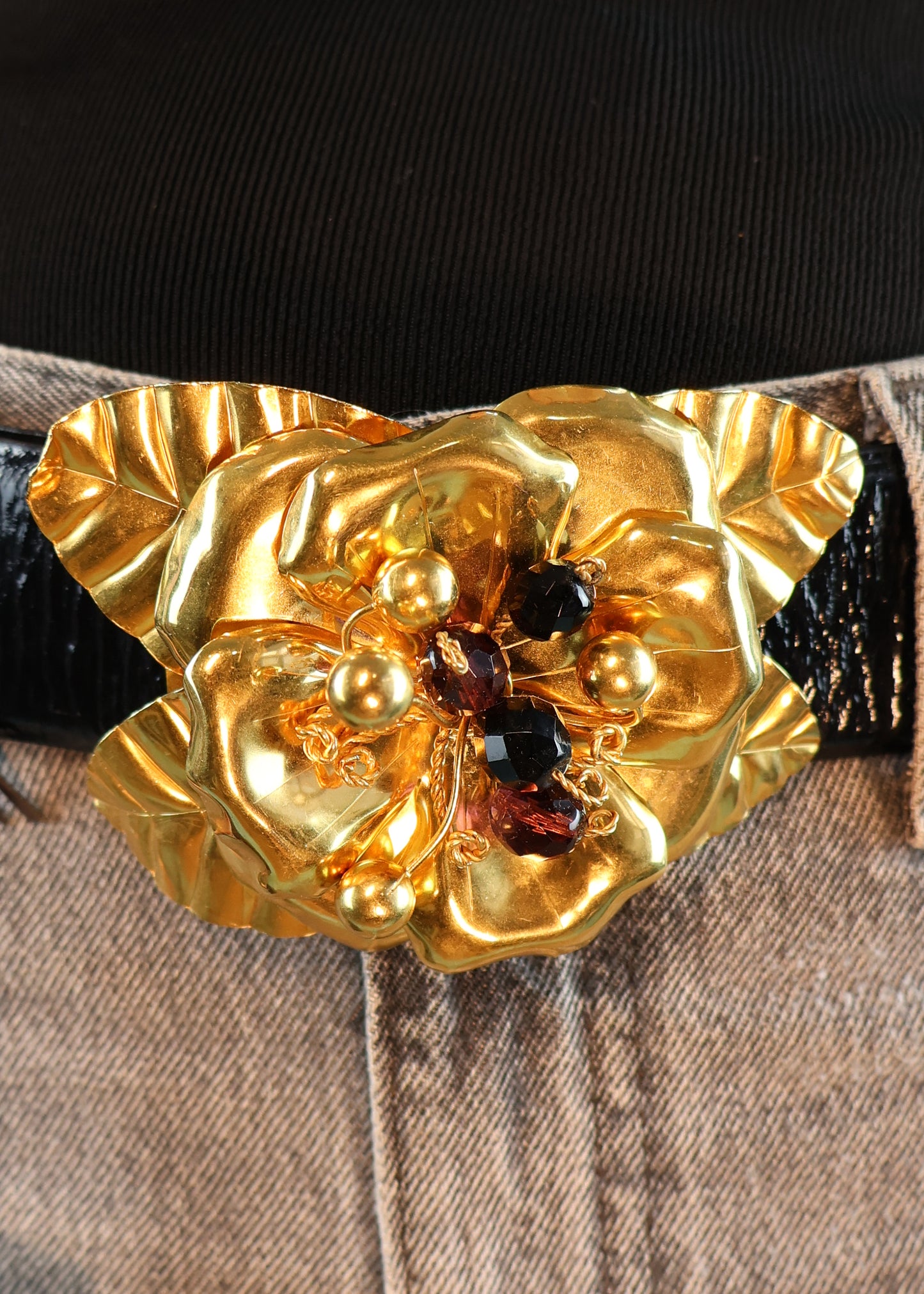 Roberto Cavalli Gold Flower Buckle Black Leather Belt