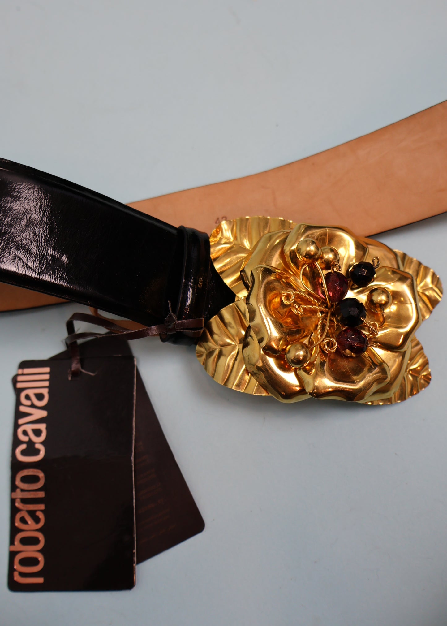 Roberto Cavalli Gold Flower Buckle Black Leather Belt