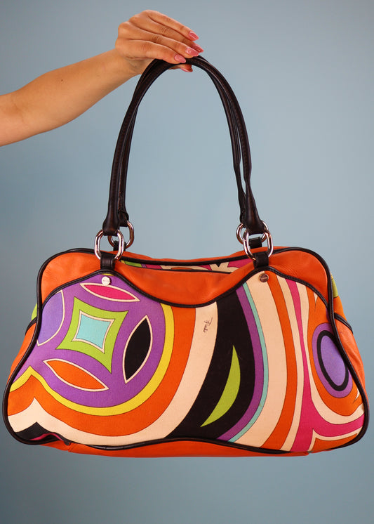 Emilio Pucci Orange Leather & Canvas Patterned Bag