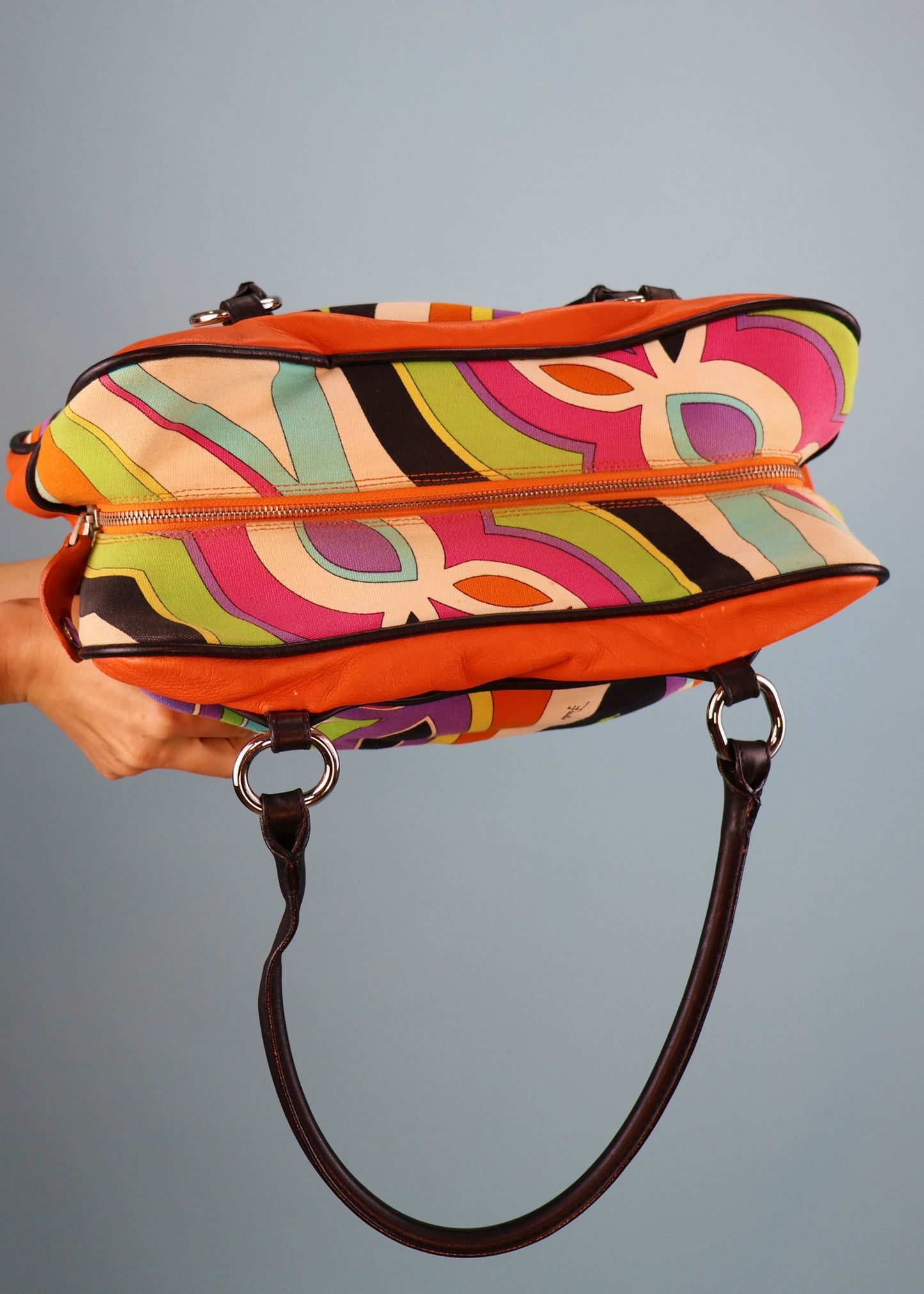 Emilio Pucci Orange Leather & Canvas Patterned Bag