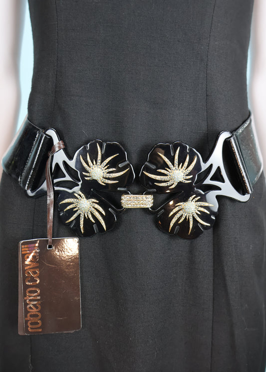 Roberto Cavalli Crystal Embellished Buckle Black Leather Belt